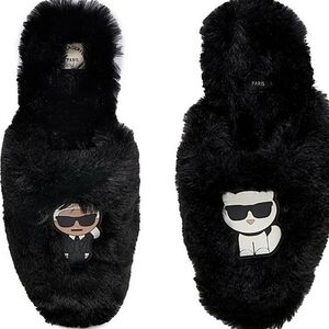 Karl Lagerfeld NWT Size 7 Black Furry Slippers Womens